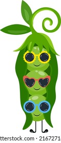 Funny green peas in a pod with sunglasses
