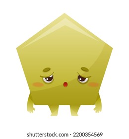 Funny Green Polygon as Geometric Shape Character with Sad Face Expression Vector Illustration
