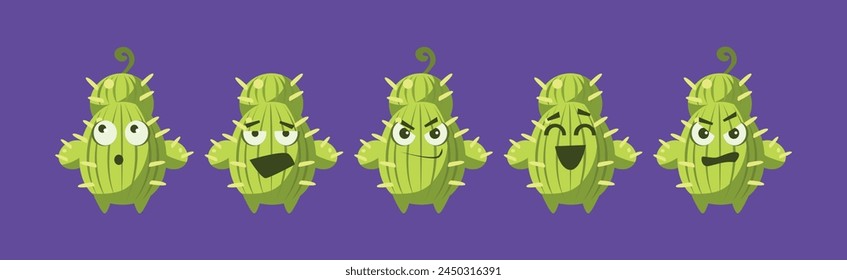 Funny Green Prickly Cactus Character Show Emotion Vector Set