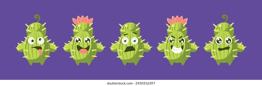 Funny Green Prickly Cactus Character Show Emotion Vector Set