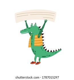 Funny green protesting crocodile in clothes, holding empty banner, card, poster with place for text. Childish template, cute announcement. Flat vector cartoon illustration isolated on white background