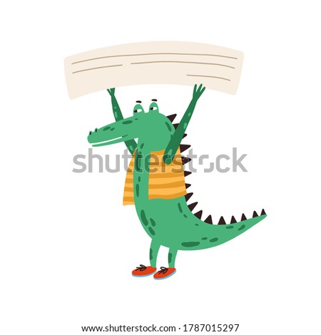 Funny green protesting crocodile in clothes, holding empty banner, card, poster with place for text. Childish template, cute announcement. Flat vector cartoon illustration isolated on white background