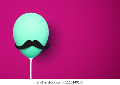 Funny green realistic 3d balloon with mustache on pink background. Vector illustration.
