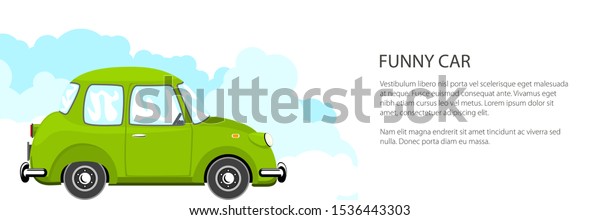 Funny green\
retro car banner, vector\
illustration