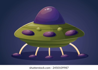 A funny green round flying saucer spaceship with legs. Aliens from space, UFOs. Vector isolated cartoon illustration.