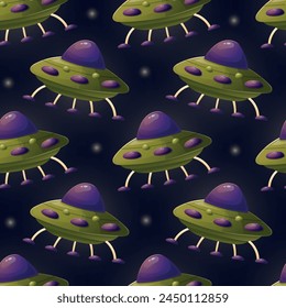 A funny green round flying saucer spaceship with legs. Aliens from space, UFOs. Vector seamless cartoon pattern.