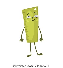 Funny Green Ruler as Office Supply Humanized Character Vector Illustration