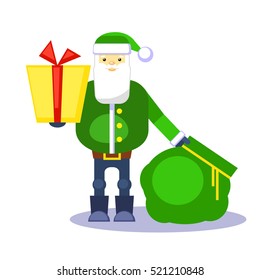 Funny green santa claus with bag and gift. Present for you. Vector. Christmas greeting card or poster