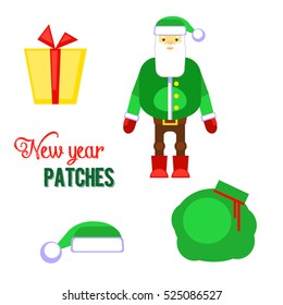 Funny green santa claus, hat, gift, bag vector illustration. Christmas cartoon sticker design. Decorative stickers for your greeting, posters,postcards, invitations, patches and prints, emblems