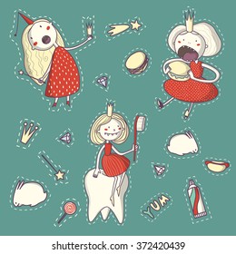Funny green set collection with princess eating hamburger, sitting on the tooth, singing.
Fairy tale cartoon characters