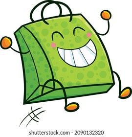 Funny green shopping bag jumping  happily