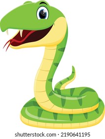 funny green snake cartoon isolated on white background