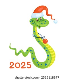 Funny green snake - symbol of chinese New Year in a Santa hat. Greeting card 2025 in cartoon style. Isolated on white background. Vector flat illustration. 