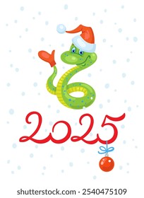 Funny green snake - symbol of Chinese New Year in Santa hat and mitten on tail. Greeting card 2025 in cartoon style. Isolated on white background. Vector flat illustration.