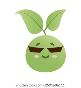 Funny green sprout face with joyful emotion. Spring, summer kawai sprout in glasses. Vector illustration EPS 10.