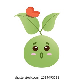 Funny green sprout face with joyful emotion. Spring, summer surprised sprout with butterfly on leaf. Vector illustration EPS 10.