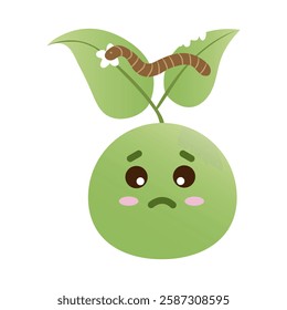 Funny green sprout face with sad emotion. Earthworm gnawed through the leaves. Vector illustration EPS 10.