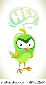 Funny green standing bird with speech bubble. Vector cartoon illustration, isolated template for t shirt print design.