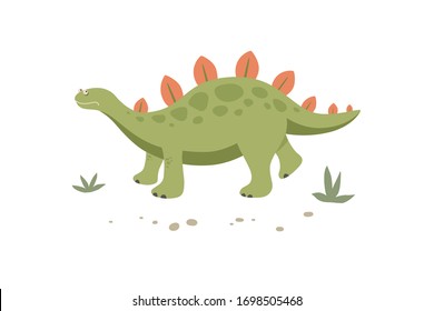 Funny green stegosaurus walks in the grass. Cute dinosaur isolated on a white background. Funny prehistoric animal of the Jurassic period. Colorful cartoon vector illustration in flat style.