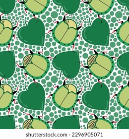 Funny green stink bug with hearts. Seamless pattern with cartoon elements.
