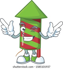 Funny green stripes fireworks rocket cartoon character style with Wink eye