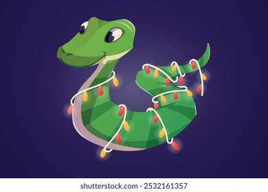 Lustige grüne Baumschlange mit festlicher Girlande. Symbol des chinesischen Neujahrs 2025. Vektorgrafik einzeln auf Cartoon.