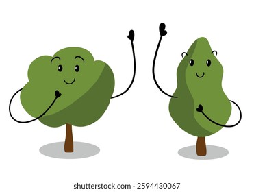 Funny Green trees garden park with hands and face. Ecology plant natural botanic flora in flat design 