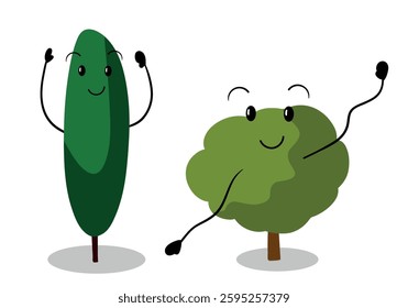 Funny Green trees garden park with hands and face. Ecology plant natural botanic flora in flat design 