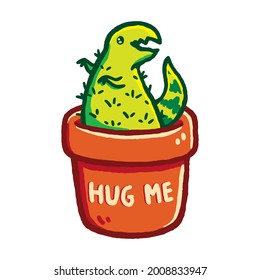 Funny green t-rex dinosaur shaped cactus plant + "hug me" text on a brown planter, kawaii cartoon art style. Cute design for stickers, greeting cards, posters, shirts. Isolated on white background.