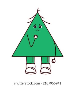 Funny green triangle. Sad sticker for social networks, emotions, feelings, mood and expression. Graphic element for teaching children, geometric figure for website. Cartoon flat vector illustration