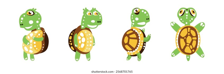 Funny Green Turtle Character with Carapace Vector Set