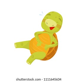 Funny green turtle loudly laughing and holding his belly. Reptile with brown shell. Flat vector for children book, print or sticker
