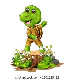 Funny Green Turtle With Tree Wood, Rocks, And White Ivy Flower Cartoon