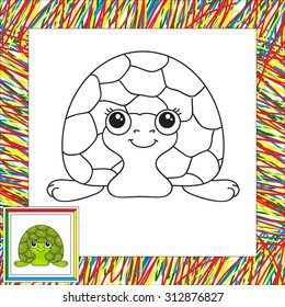 Funny green turtle. Vector illustration for children. Coloring book for kids