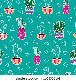 Funny green vector pattern with colorful cactuses