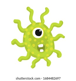 Funny green virus or bacteria.Vector illustration for little children. Illustrations with germs for children books. Flat style stickers are hand drawn. Big bright sticker with cute bacterias.