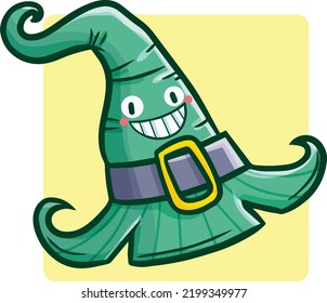Funny green witch hat cartoon character