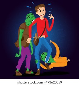 Funny green zombie bite the arm and leg of a frightened young man with a bag. This vector illustration can be used for Halloween and the day of the Dead (Dia De Los Muertos). 