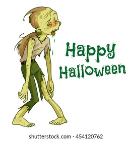 Funny green zombie. Design element for Halloween card. Vector illustration on a white background.
