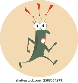 A funny green-colored beetle named Bex is running away on his urgent business. The image is made on an oval background in warm colors, with three red exclamation marks above the beetle's head.