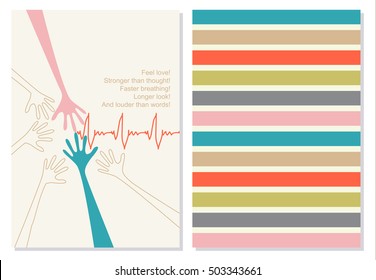 Funny greeting card, booklet. Creative, motivation quote for cards, banners, posters. Pink and blue hands with heart pulse. Quotation on the background. Vector card wish in flat style