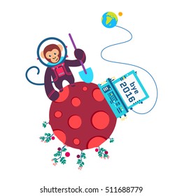 Funny greeting card Bye Old Year 2016 Vector illustration with monkey on red planet