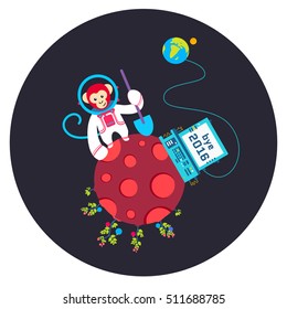 Funny greeting card Bye Old Year 2016 Vector illustration with monkey on red planet