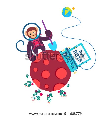 Funny greeting card Bye Old Year 2016 Vector illustration with monkey on red planet
