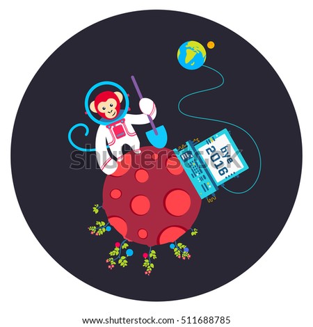 Funny greeting card Bye Old Year 2016 Vector illustration with monkey on red planet
