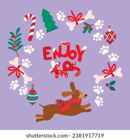 Funny greeting card with cartoon dachshund dog in warm scarf.Enjoy xmas poster with red berries,holly,bone,stick,tree,paw print and cute animal character.Vector seasonal hand drawn illustration.