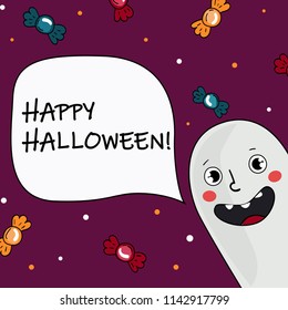 Funny greeting card design with ghost with candies on dark background. Contains text 'Happy Halloween'. Great for halloween party, greeting card design, printable, decor elements, playroom decor.