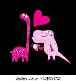 Funny greeting card with enamored dinosaurs on a dark background