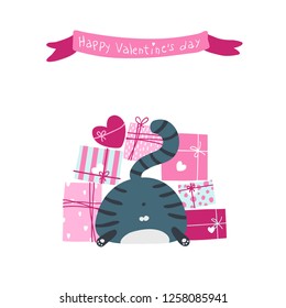Funny greeting card with a fat cat in a pile of boxes of gifts. Happy Valentine's Day. Vector illustration