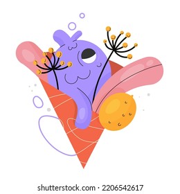 Funny greeting card fish in bouquet. Banner, poster, greeting card. Vector graphic design. Vector logo.
